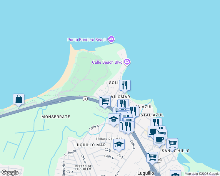 map of restaurants, bars, coffee shops, grocery stores, and more near Paseo del Mar in Luquillo