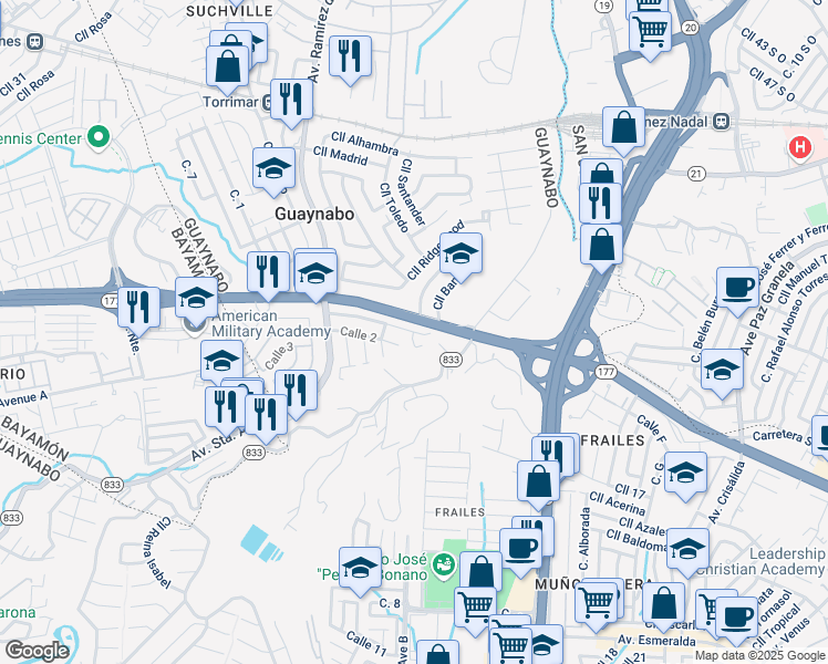 map of restaurants, bars, coffee shops, grocery stores, and more near 20 Urbanización Terranova in Guaynabo