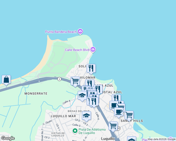 map of restaurants, bars, coffee shops, grocery stores, and more near in Luquillo