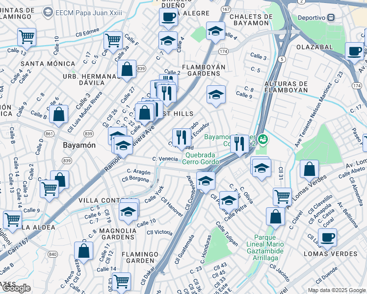 map of restaurants, bars, coffee shops, grocery stores, and more near Calle 3a in Bayamón