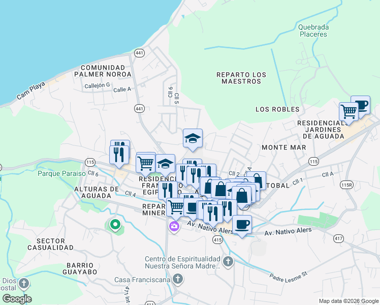 map of restaurants, bars, coffee shops, grocery stores, and more near Calle San Francisco in Aguada