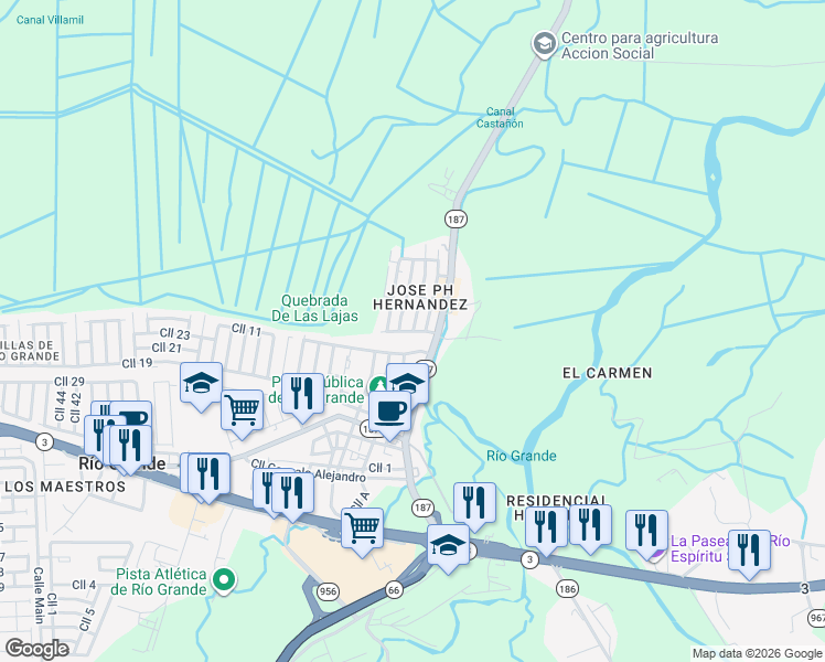 map of restaurants, bars, coffee shops, grocery stores, and more near Calle Principal in Río Grande