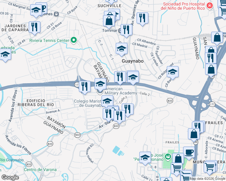 map of restaurants, bars, coffee shops, grocery stores, and more near Calle B in Guaynabo
