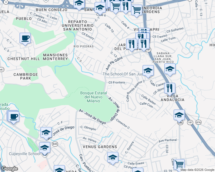 map of restaurants, bars, coffee shops, grocery stores, and more near 28 Avenida Park Gardens in San Juan