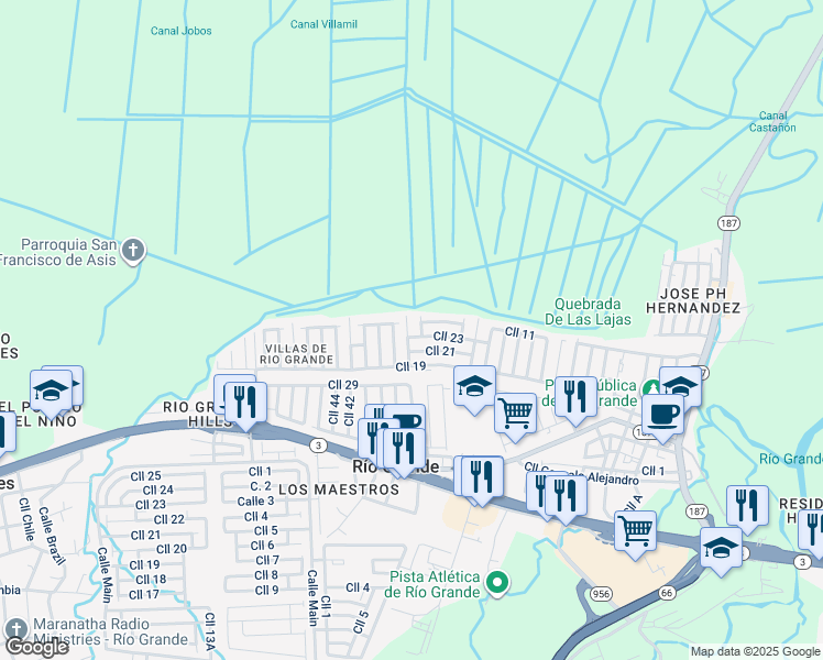 map of restaurants, bars, coffee shops, grocery stores, and more near 16 Calle 30 in Río Grande