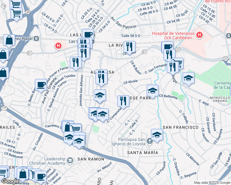 map of restaurants, bars, coffee shops, grocery stores, and more near 286-306 Calle Siena in San Juan