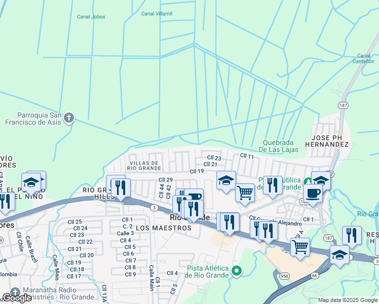 map of restaurants, bars, coffee shops, grocery stores, and more near 16 Calle 30 in Río Grande