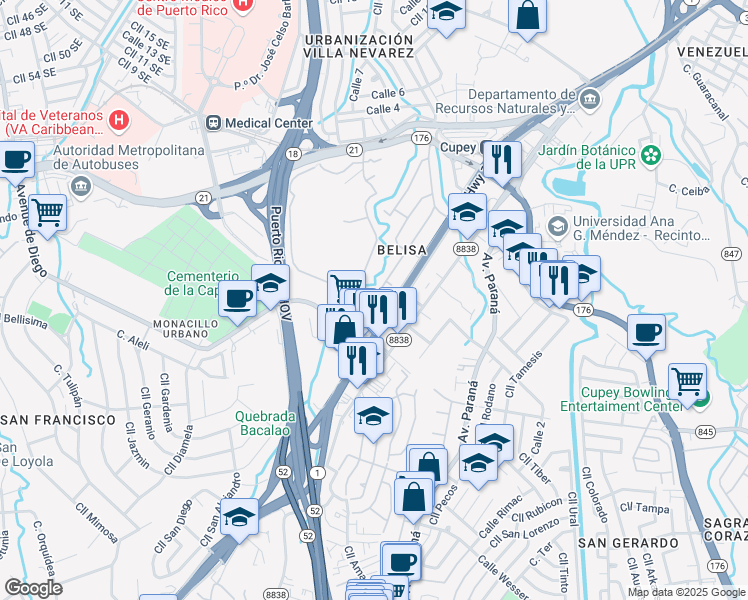 map of restaurants, bars, coffee shops, grocery stores, and more near in San Juan