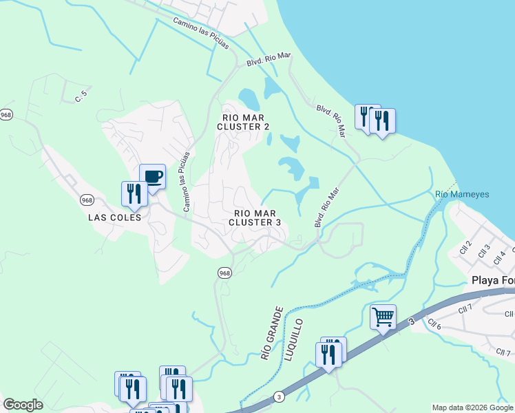 map of restaurants, bars, coffee shops, grocery stores, and more near in Río Grande