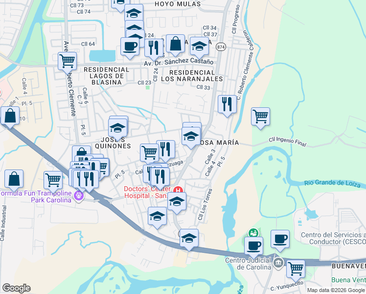 map of restaurants, bars, coffee shops, grocery stores, and more near in Carolina