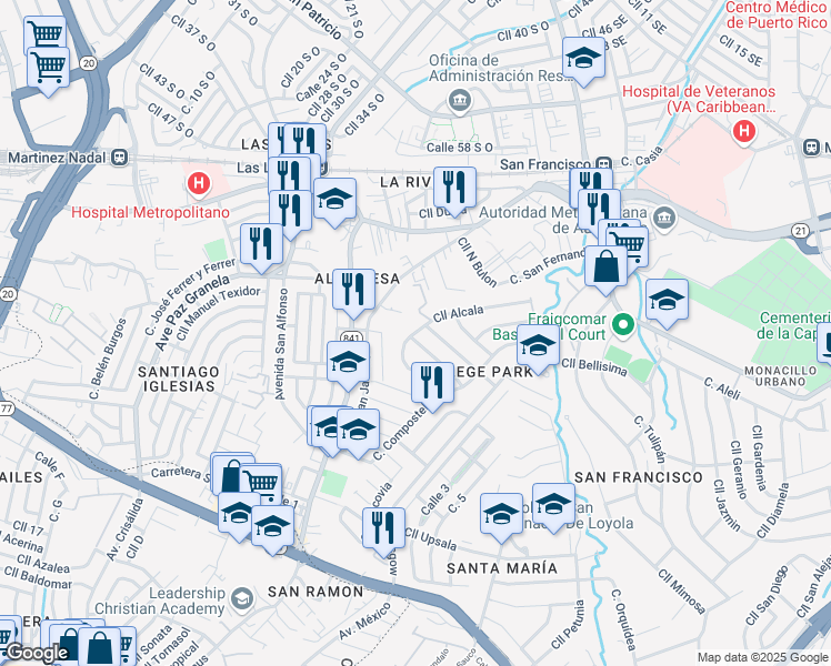 map of restaurants, bars, coffee shops, grocery stores, and more near 286-306 Calle Siena in San Juan