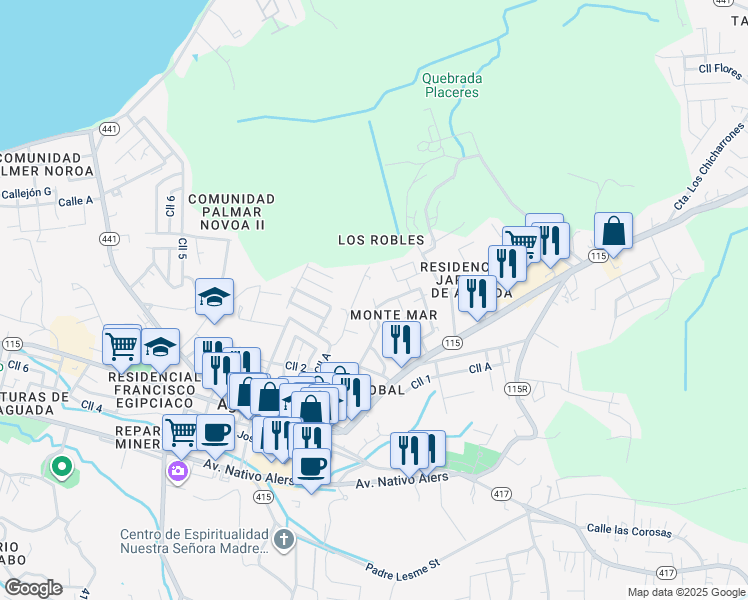 map of restaurants, bars, coffee shops, grocery stores, and more near Calle 2 in Asomante