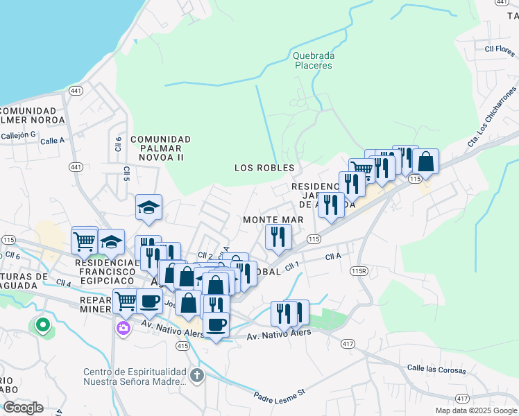 map of restaurants, bars, coffee shops, grocery stores, and more near Calle 2 in Asomante