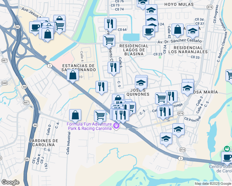 map of restaurants, bars, coffee shops, grocery stores, and more near 30 Avenida Roberto Clemente in Carolina