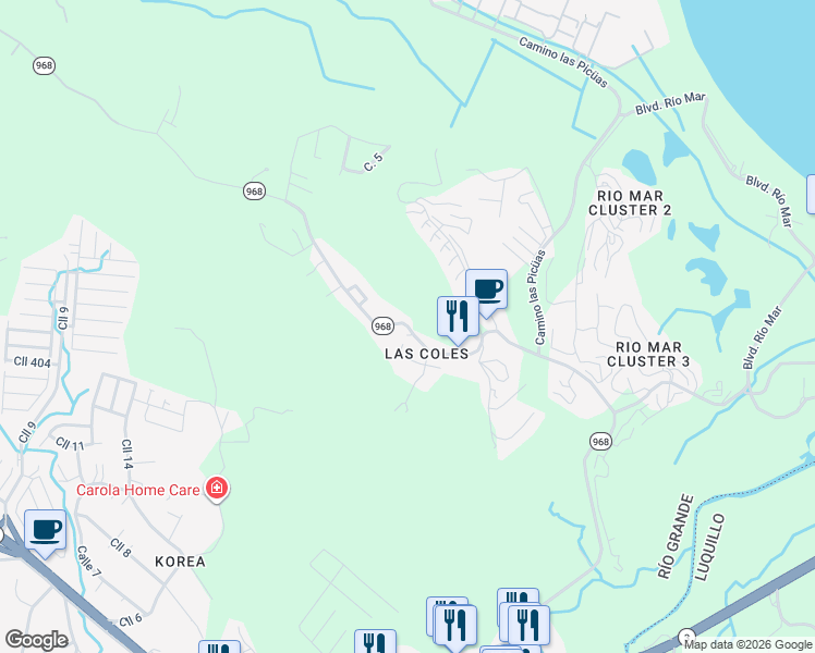 map of restaurants, bars, coffee shops, grocery stores, and more near PR-968 in Rio Grande