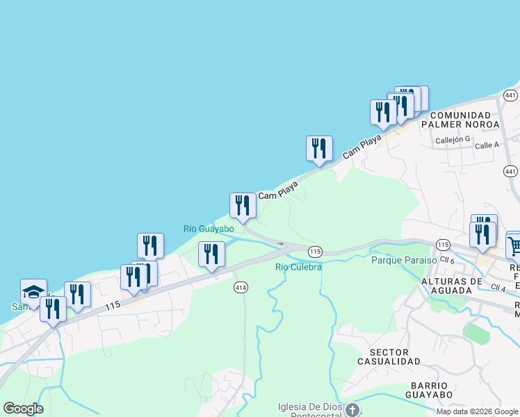 map of restaurants, bars, coffee shops, grocery stores, and more near Camino Playa in Aguada