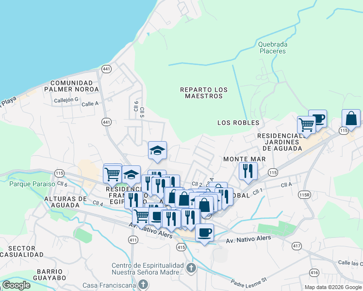 map of restaurants, bars, coffee shops, grocery stores, and more near Calle Los Robles in Aguada
