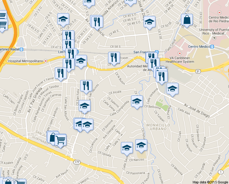 map of restaurants, bars, coffee shops, grocery stores, and more near Calle Alcala in San Juan