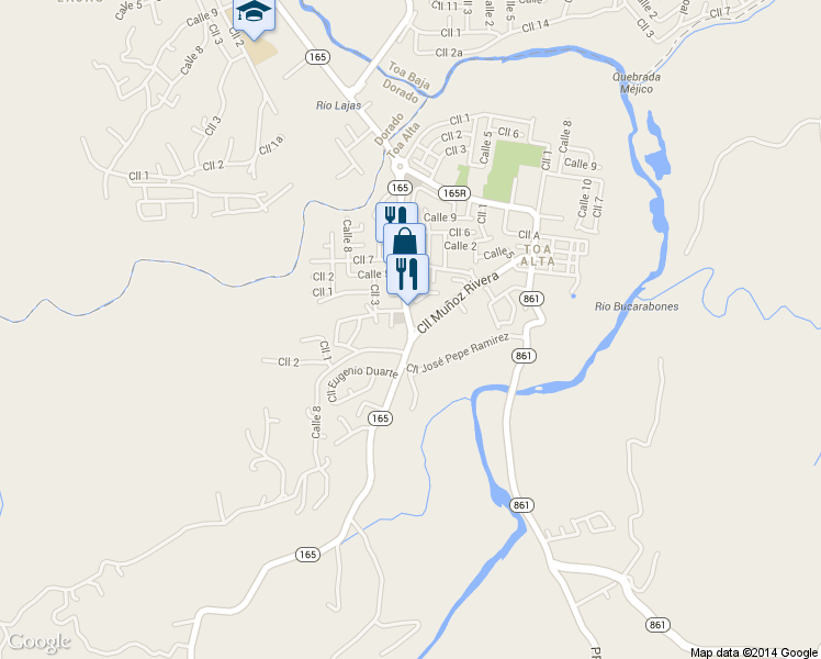 map of restaurants, bars, coffee shops, grocery stores, and more near Highway 165 in Toa Alta