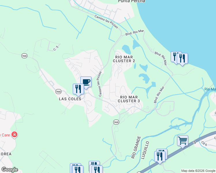 map of restaurants, bars, coffee shops, grocery stores, and more near Puerto Rico 968 in Río Grande