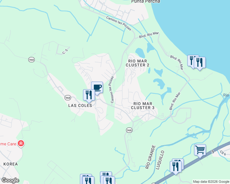 map of restaurants, bars, coffee shops, grocery stores, and more near Puerto Rico 968 in Río Grande
