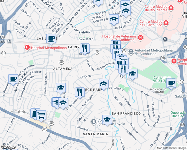 map of restaurants, bars, coffee shops, grocery stores, and more near 1751-1787 Calle Alcala in San Juan