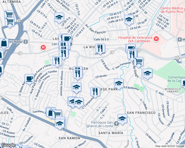 map of restaurants, bars, coffee shops, grocery stores, and more near Calle Alcala in San Juan