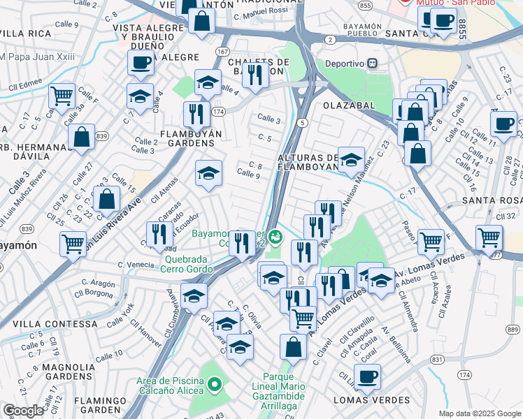 map of restaurants, bars, coffee shops, grocery stores, and more near Calle Apolo in Bayamón