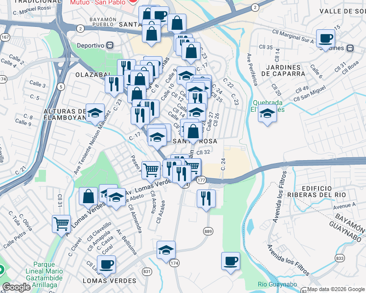 map of restaurants, bars, coffee shops, grocery stores, and more near 54 Highway 174 in Bayamón