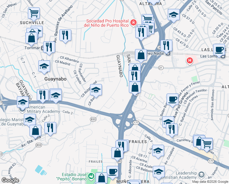 map of restaurants, bars, coffee shops, grocery stores, and more near Calle Vanda in Guaynabo