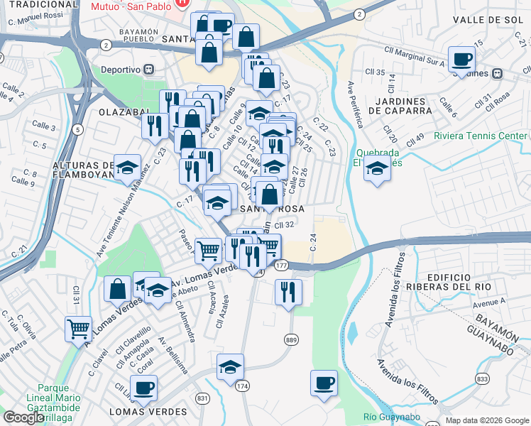 map of restaurants, bars, coffee shops, grocery stores, and more near 54 Highway 174 in Bayamón