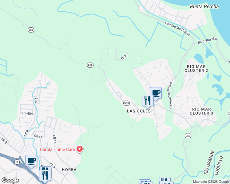 map of restaurants, bars, coffee shops, grocery stores, and more near Puerto Rico 968 in Rio Grande