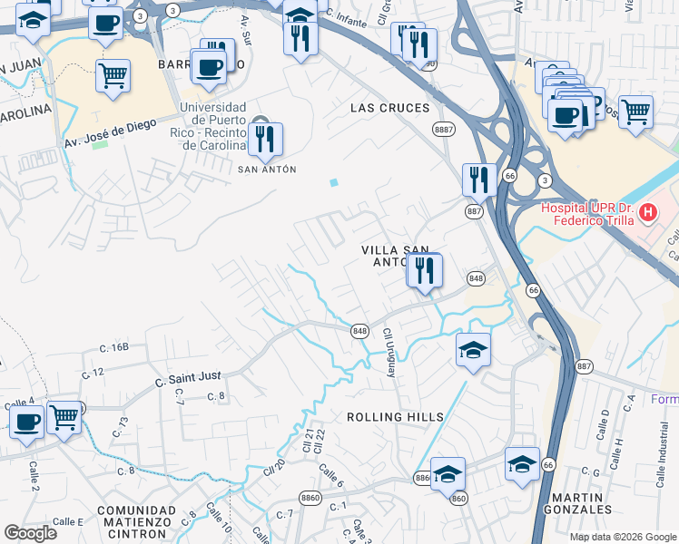 map of restaurants, bars, coffee shops, grocery stores, and more near Calle Ramón Figueroa Castro in Carolina