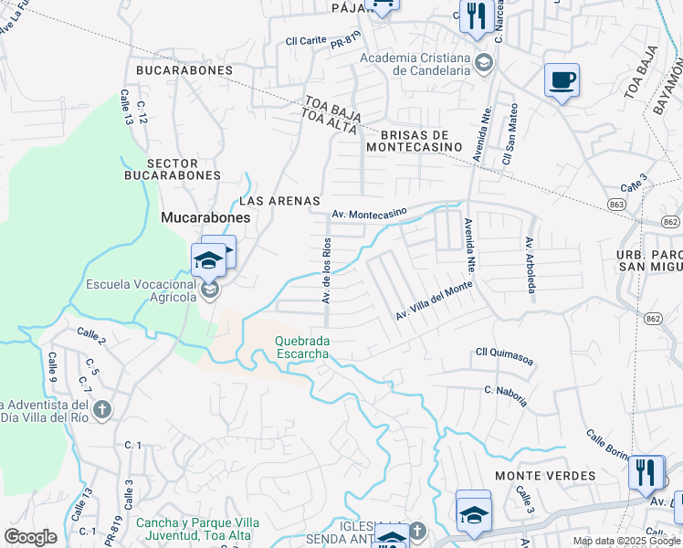 map of restaurants, bars, coffee shops, grocery stores, and more near Calle Rio Lajas in Toa Alta