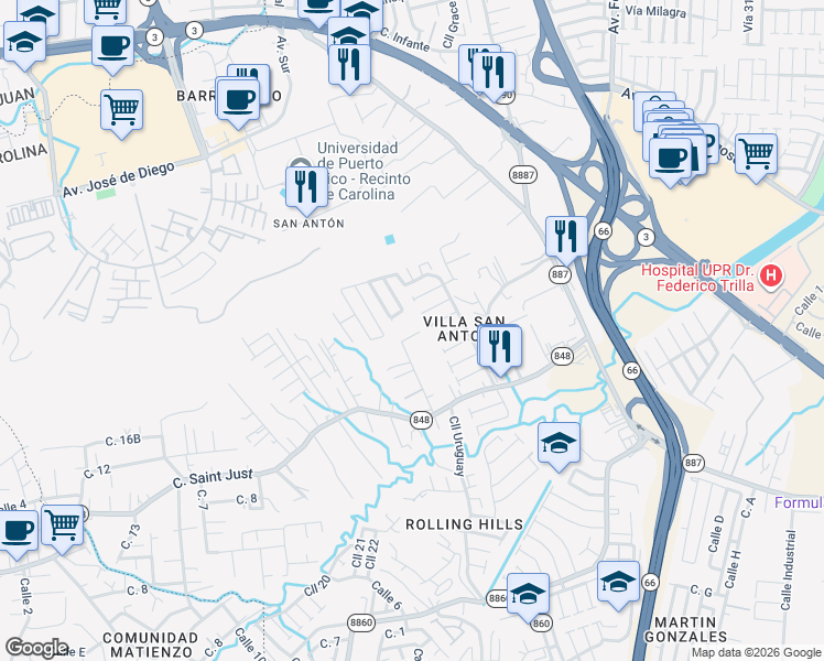 map of restaurants, bars, coffee shops, grocery stores, and more near Calle Ramon Figueroa Castro in Carolina