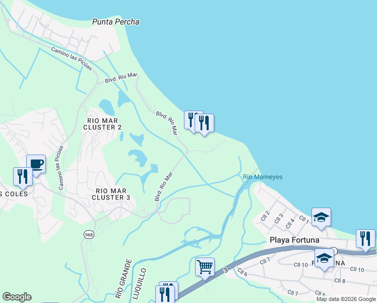 map of restaurants, bars, coffee shops, grocery stores, and more near 6000 Boulevard Río Mar in Río Grande