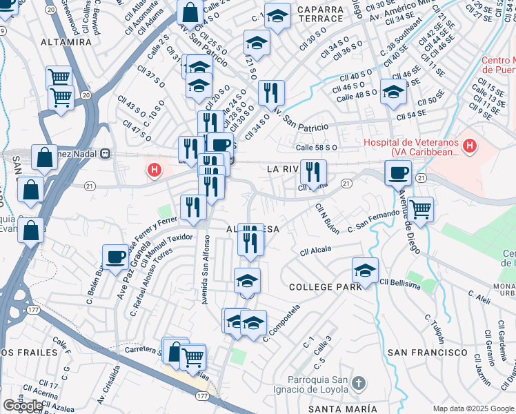 map of restaurants, bars, coffee shops, grocery stores, and more near Clljn Luyanda in San Juan