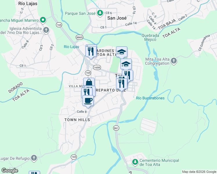 map of restaurants, bars, coffee shops, grocery stores, and more near 132-142 Calle 1 in Toa Alta