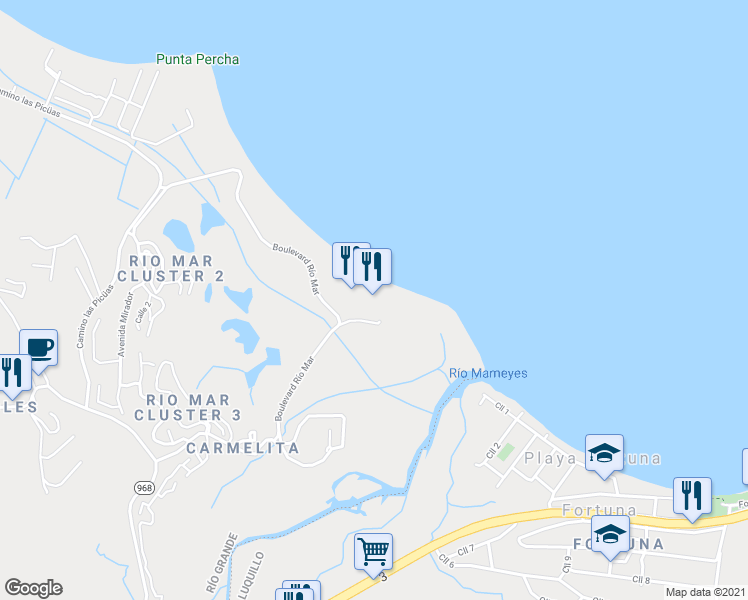 map of restaurants, bars, coffee shops, grocery stores, and more near 6000 Blvd Rio Mar in Rio Grande