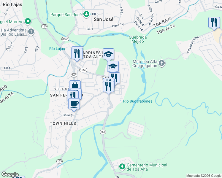 map of restaurants, bars, coffee shops, grocery stores, and more near in Toa Alta