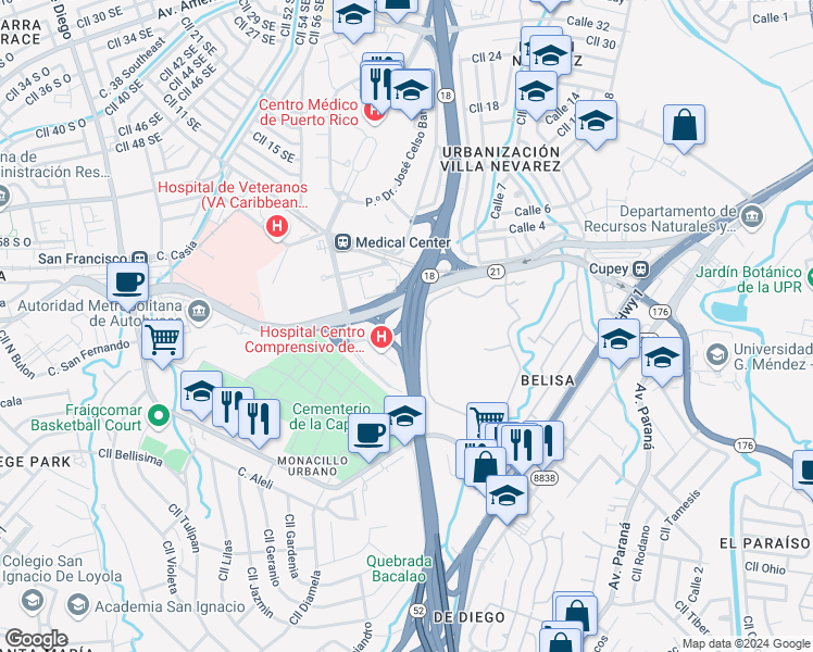 map of restaurants, bars, coffee shops, grocery stores, and more near Puerto Rico 18 in San Juan