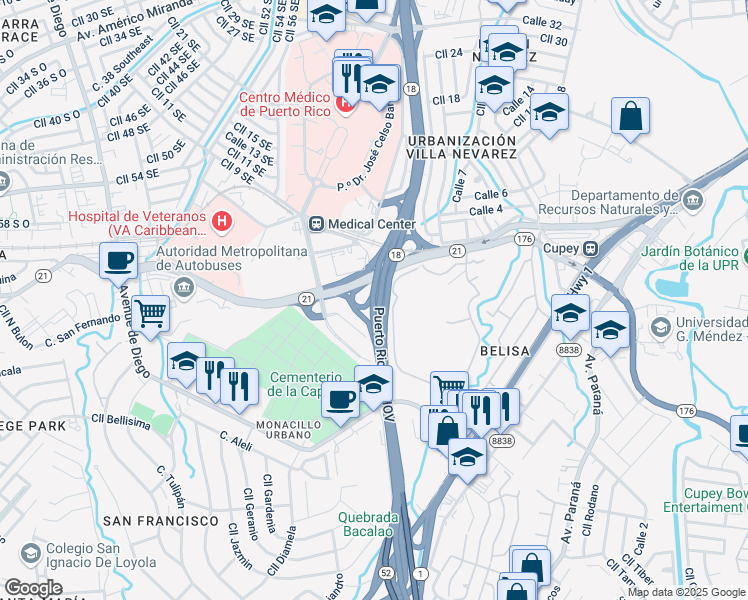 map of restaurants, bars, coffee shops, grocery stores, and more near Puerto Rico 18 in San Juan