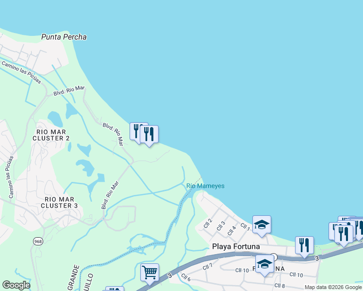 map of restaurants, bars, coffee shops, grocery stores, and more near 6000 Boulevard Río Mar in Río Grande