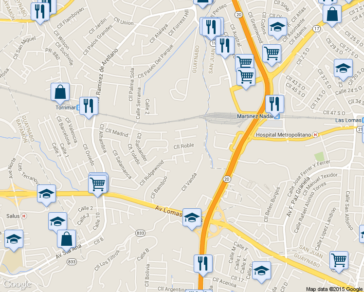 map of restaurants, bars, coffee shops, grocery stores, and more near Cll Roble in Guaynabo