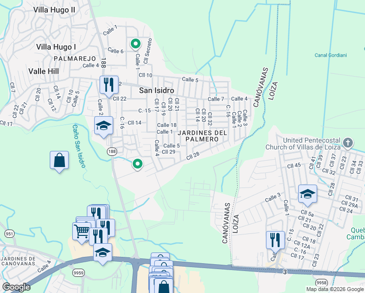 map of restaurants, bars, coffee shops, grocery stores, and more near Calle 29 in Canóvanas