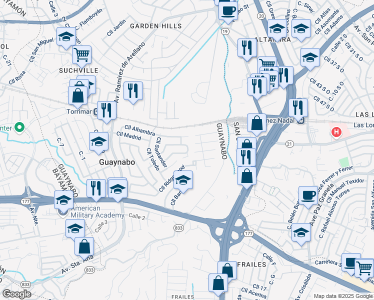 map of restaurants, bars, coffee shops, grocery stores, and more near Cll Roble in Guaynabo