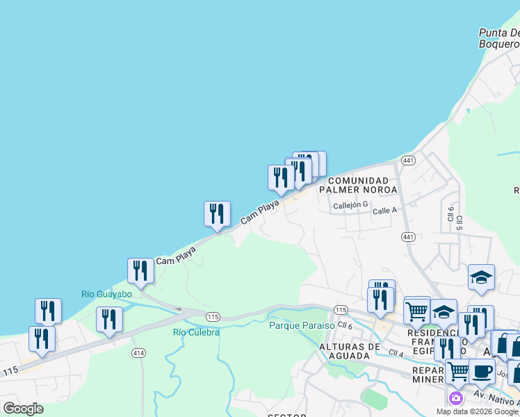 map of restaurants, bars, coffee shops, grocery stores, and more near Cam Playa in Aguada