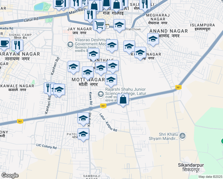 map of restaurants, bars, coffee shops, grocery stores, and more near Nanded Ring Road in Latur