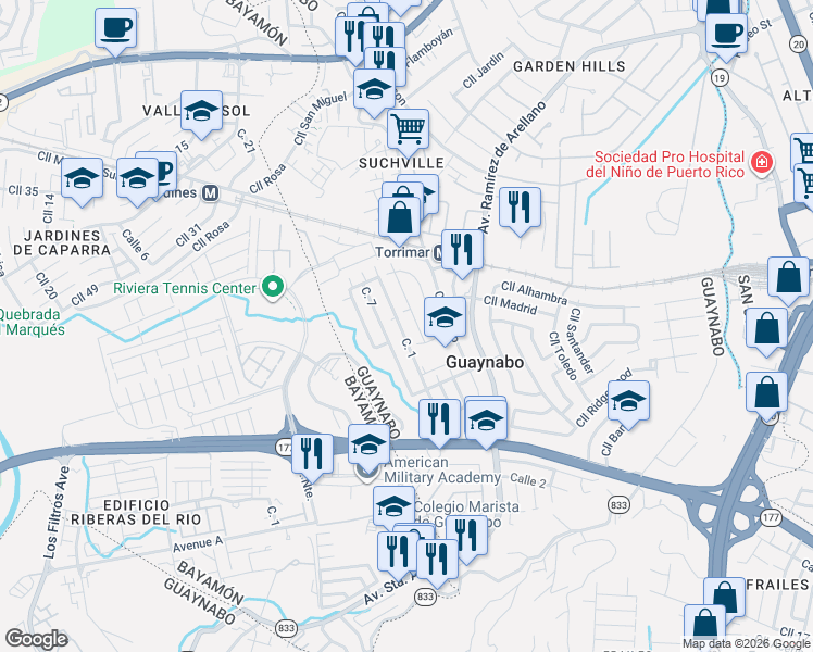 map of restaurants, bars, coffee shops, grocery stores, and more near Calle Valencia in Guaynabo