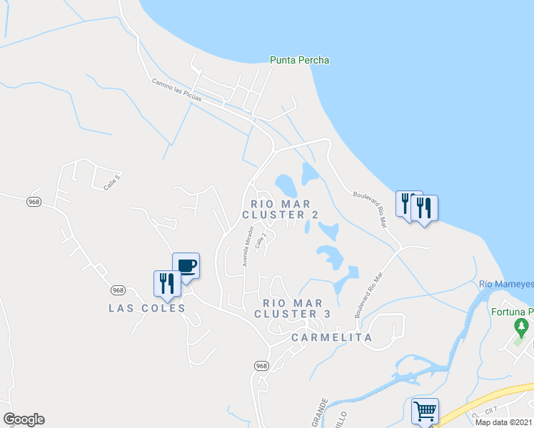 map of restaurants, bars, coffee shops, grocery stores, and more near Calle Palmer in Río Grande